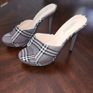 Women's Plaid High Heel Mules - Gray